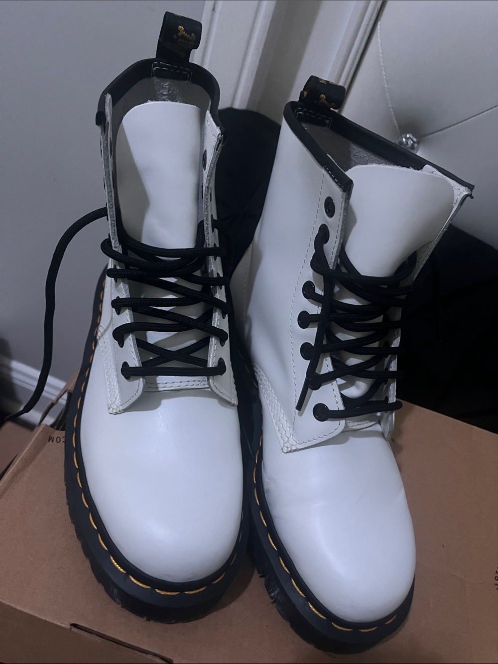 Dr. Martens White Leather Lace-Up Boots with Yellow Stitching
